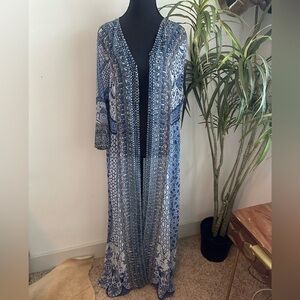 Blue Moroccan print embellishes duster kimono cover up  blue and white beaded
